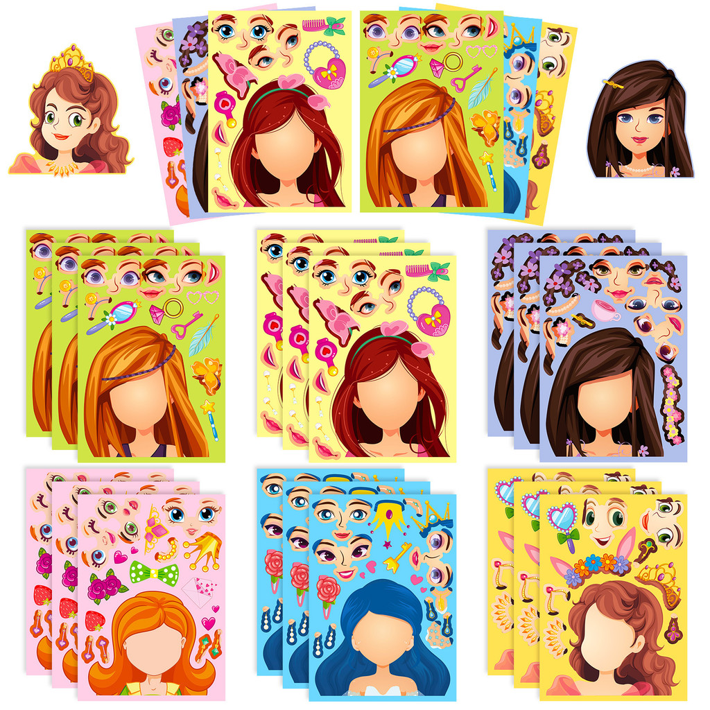 

6/18 Sheets Children DIY Puzzle Sticker Cute Little Princess Face Creative Anime Cartoon Assemble Stickers Kids Toys Girls Gifts