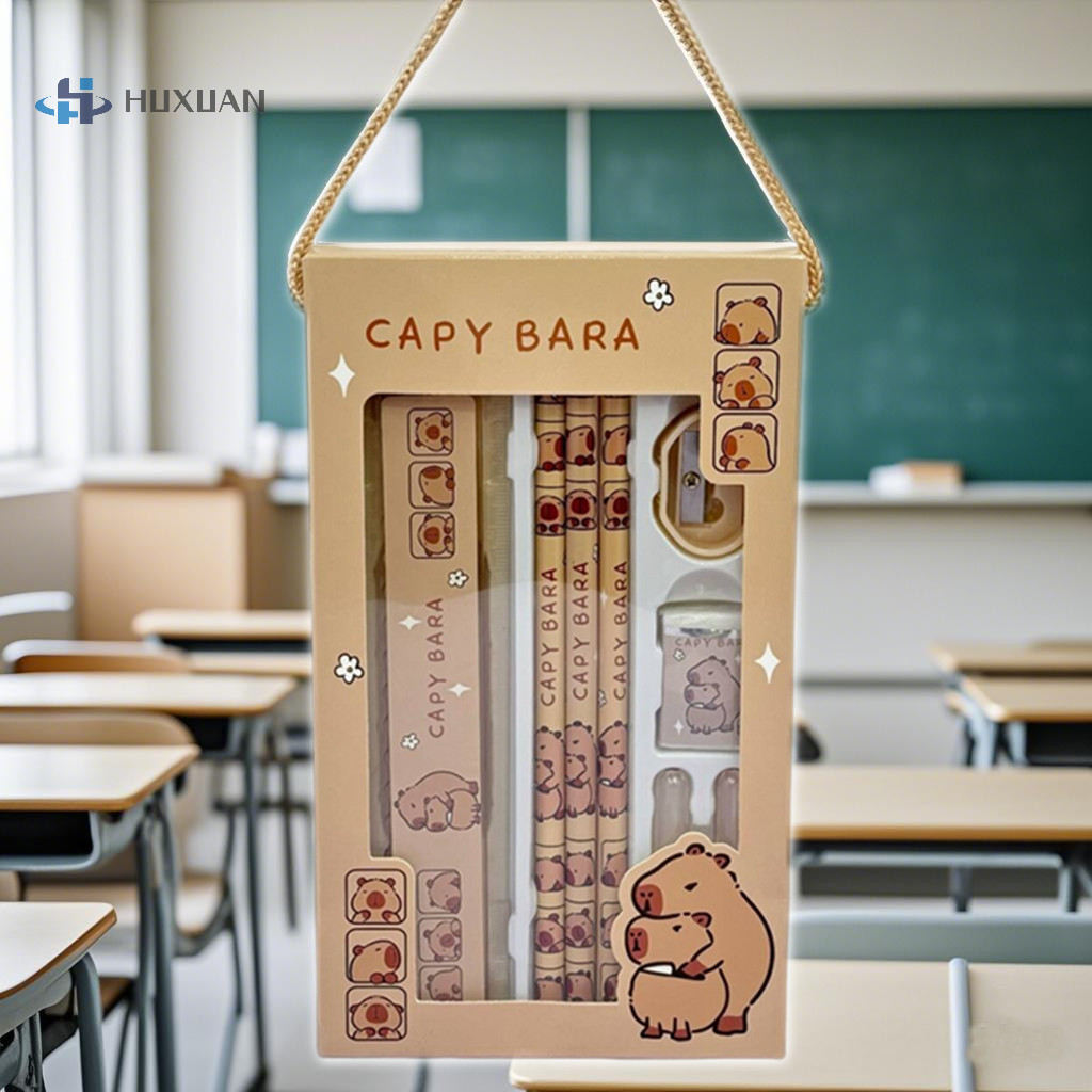 

8in1 Cartoon Capybara Stationery Kit : Pencil + Ruler+ Eraser+ Sharpener + Pen Cap Student School Writing Supplies Kids Gift