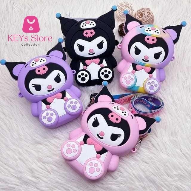 Tas Selempang Resleting Silicone 3D Anak Anak Lucu Motif Sanrio Kuromi Dompet Koin Kecil Trendy Impo