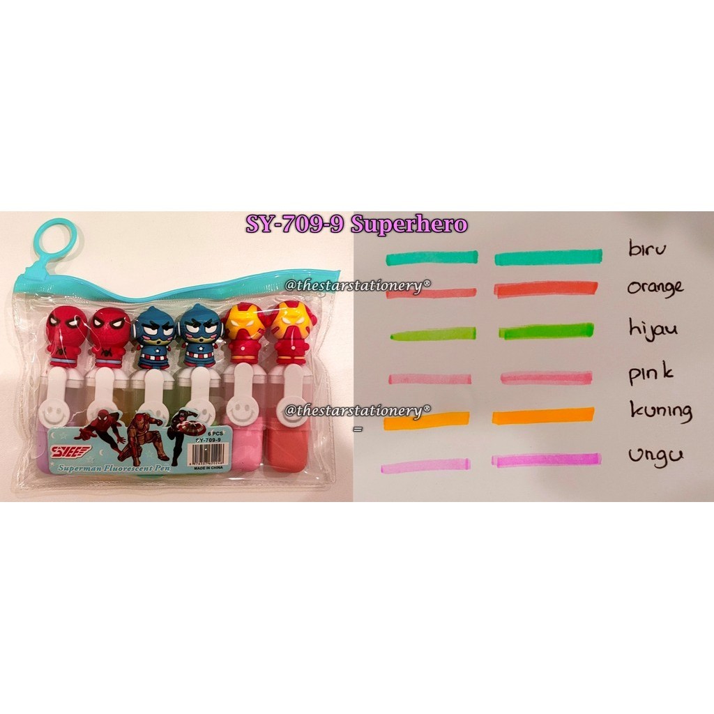 

(1 Set Isi 6 Pcs) GROSIR Highlighter Kepala Superhero SY-709-9 / Highlighter Mini Kepala Boneka Superhero