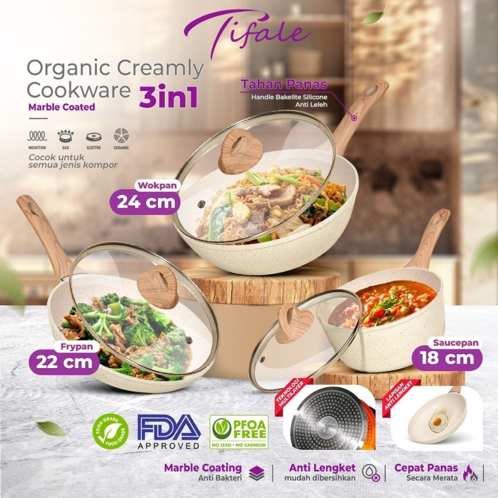 RF54XZ Tifale 3in1 Organic Creamly Cookware Marble Coated Anti lengket Handle Bakelite Silicone Anti