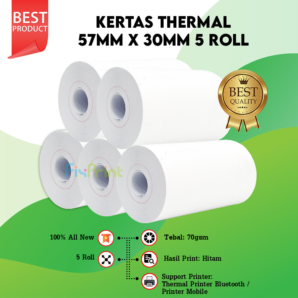 

Kertas Struk Kasir Printer Thermal Ukuran 57x30mm / 57 x 30 / 57x30 mm Coreless 15 10 5 Roll