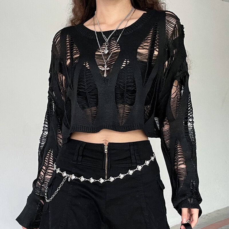 [ COD✅ ]JelitaCeria Ripped knit knitwear robek baju jaring lengan bolong bolong wanita crop top leng