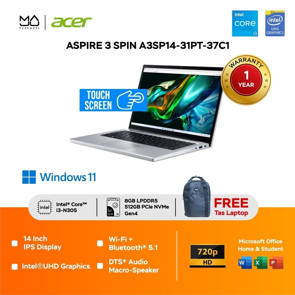 Laptop Acer Aspire 3 Spin A3SP14-31PT-37C1 Touch 2in1 - Steel Grey 8/512