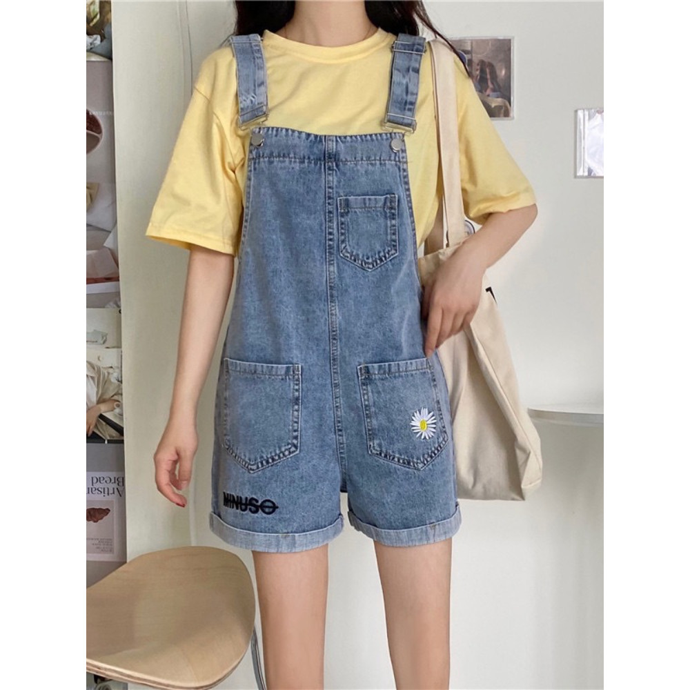 

Fashion Summer New Embroidery High Women Overalls New Casual Loose Quality Style Women Jumpsuits Women Denim Braces Shorts