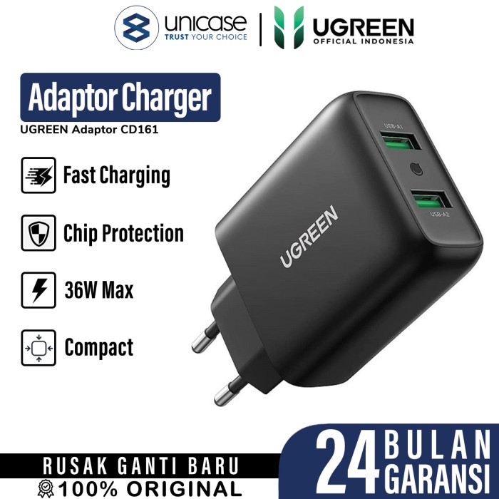 Wall Charger Kepala Adaptor Dual Port USB UGREEN 36W QC Fast Charging