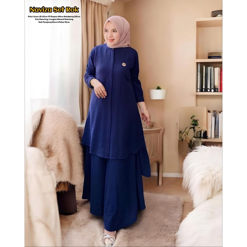 Naviza Set Rok | One Set Wanita Kekinian Tunik Polo Linen Premium Baju Setelan Wanita Rok LD 115 cm