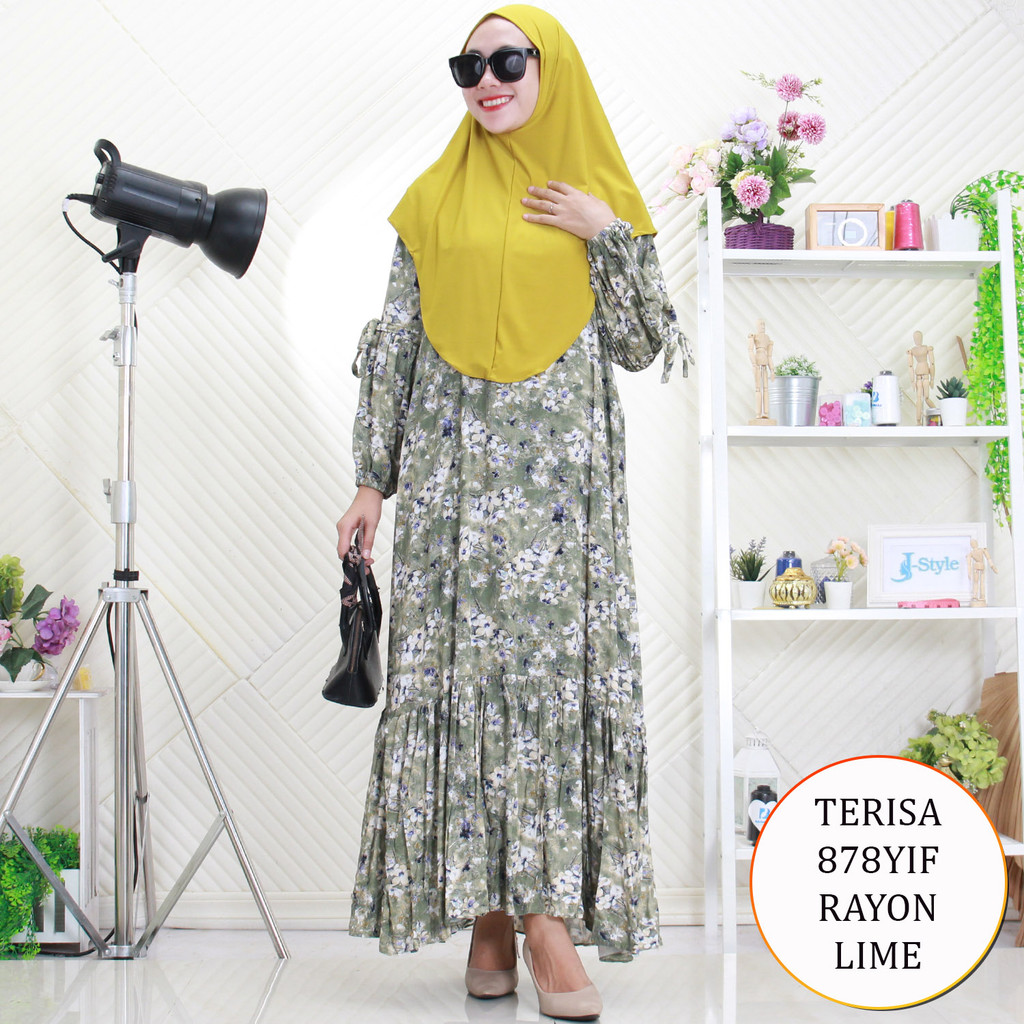 Terisa Gamis Set Hijab Rayon Motif Printing Lengan Balon