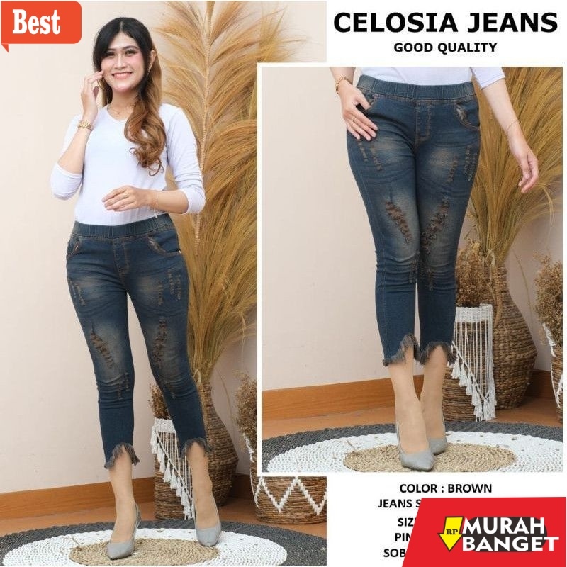 celana jeans wanita terbaru Celosia Jeans 7/9 Sobek Tidak Tembus Pinggang Karet