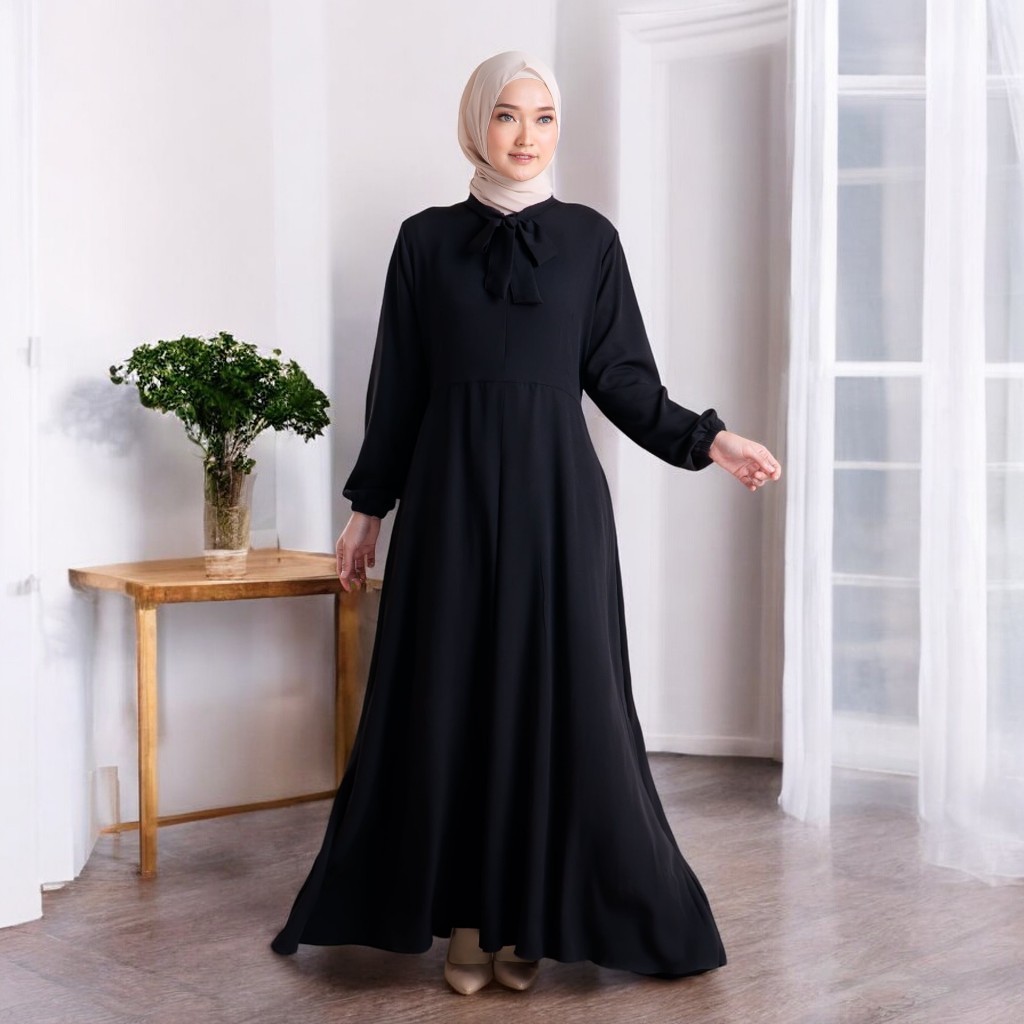 [SALE][HOT] Amie Official Shop Alisha Dress Hitam Korean Style Gamis Hitam Polos Kekinian OOTD Casua