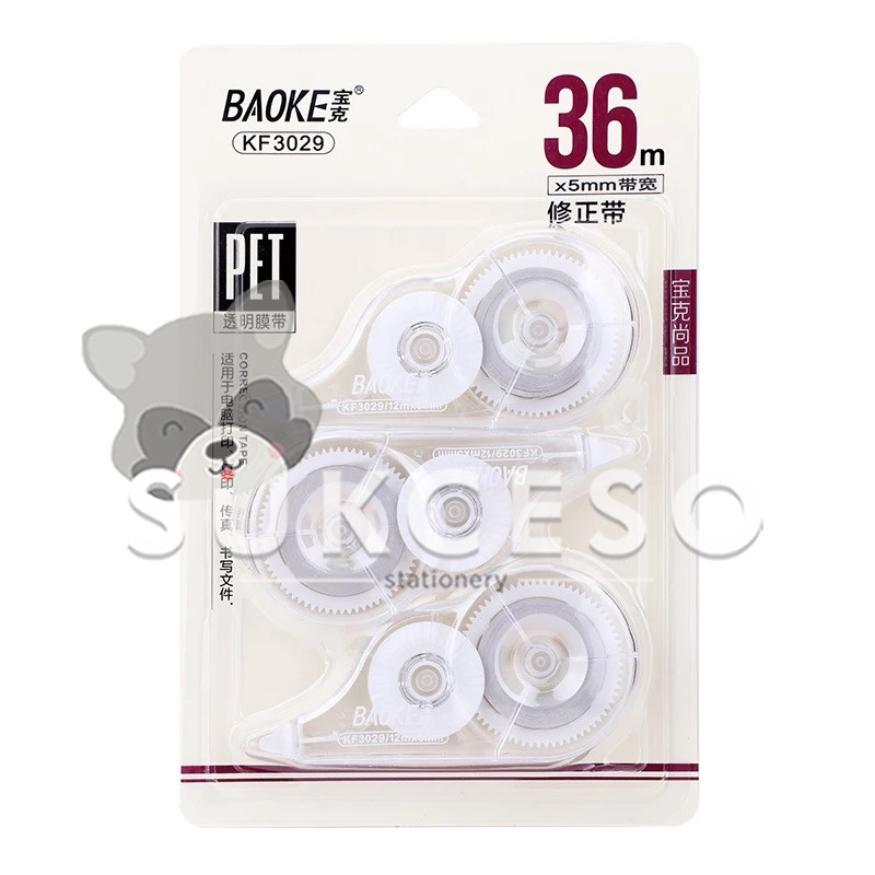 

BaoKe Correction Tape (isi 3) KF 3029 SET ISI 3 Transparant / Paket Pita Koreksi 5m - Tip-Ex Kering Murah