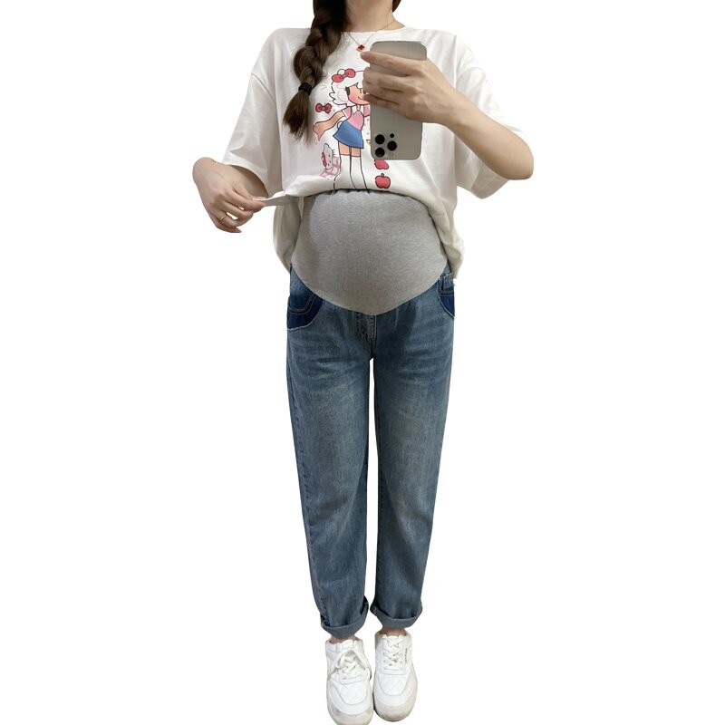 Wide Leg Tapered Straight Denim Jeans for Maternity Spring Autumn Elastic Waist Belly Pants for Preg