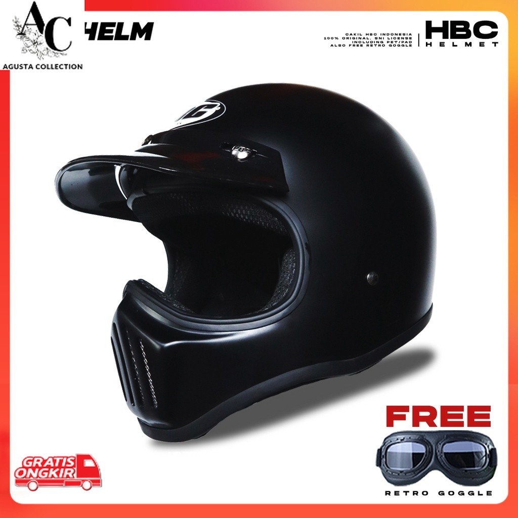Helm Murah / BOSHELM Helm Cakil HBC HITAM DOFF Helm Retro Full Face SNI