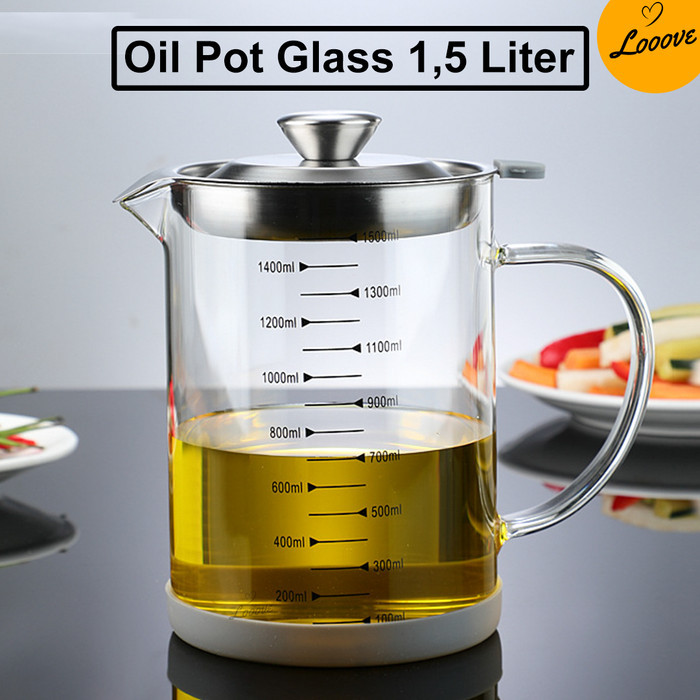 Wadah/Botol/Saringan Minyak Kaca Kapasitas 1500ml - Kaca Borosilikat dan Saringan SUS 304