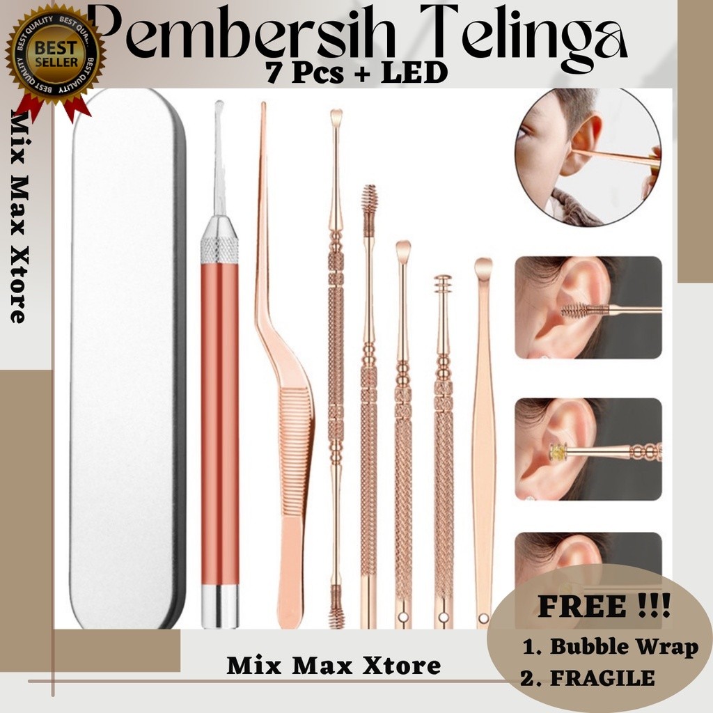 Biutte.co Pembersih Telinga Korek Kuping Ear Spoon Wax Picker with LED Light 7 PCS - Rose Gold (JC9)