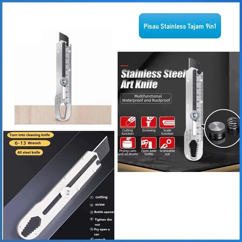 

Pisau Cutter Stainless Besi 9in1 Cutter Stainless Pemotong Kertas Tajam Anti Karat Serbaguna