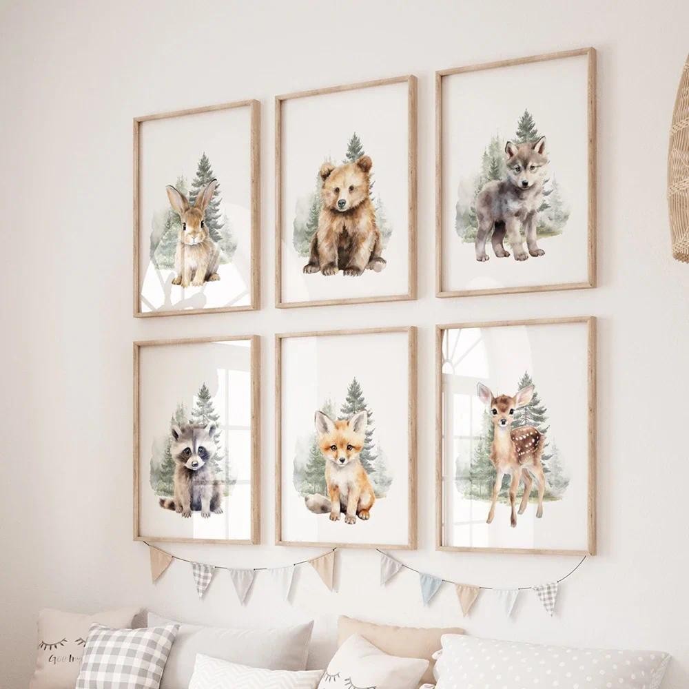 

6Pcs Woodland Animal Prints Canvas Painting Nursery Wall Art Decor Forest Animal Posters Boy Girl Room Bedroom Decotation Gifts
