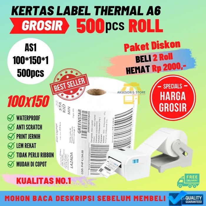 

f z e KERTAS THERMAL LABEL STICKER 100X150 500PCS BARCODE UKURAN A6 - 500pcs-ROLLNG