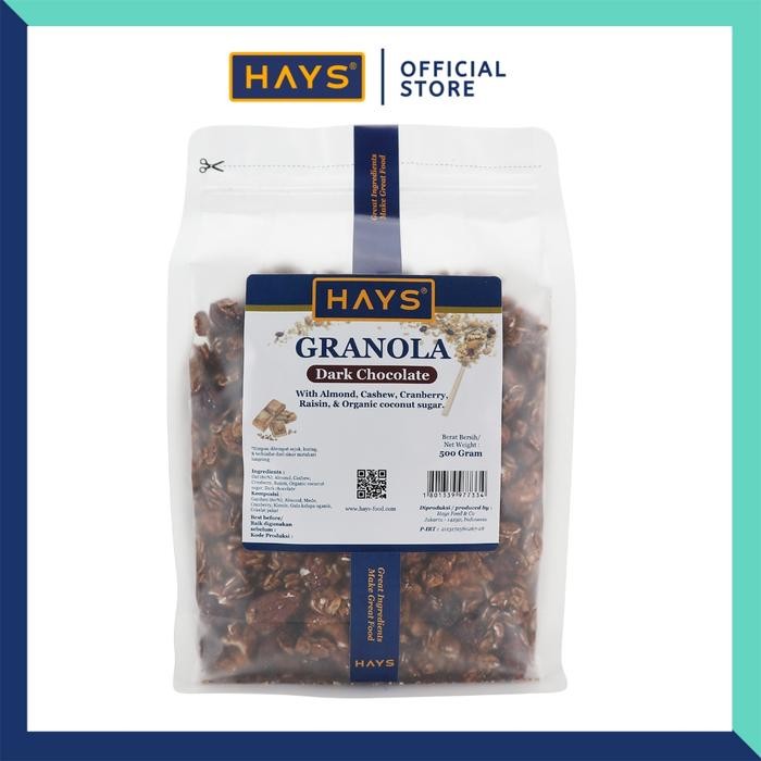 

HAYS Granola Dark Chocolate 500 Gram / Sereal Oatmeal Cokelat dengan Almond Mete Cranberry Raisin Organic coconut sugar