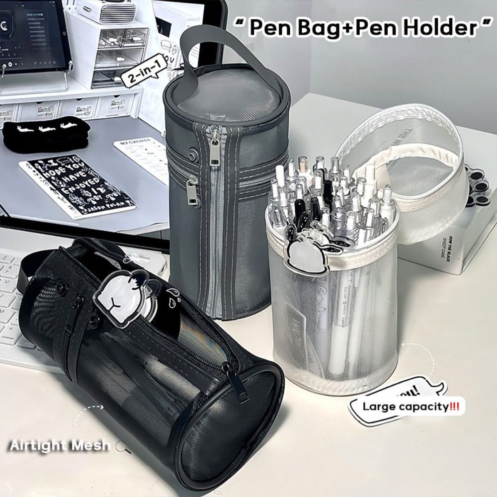 

Simple Mesh Pen Holde Type Pen Bag Portable Large Capacity Cylinder Pencil Case Stationery Storage Bag Students Organizer