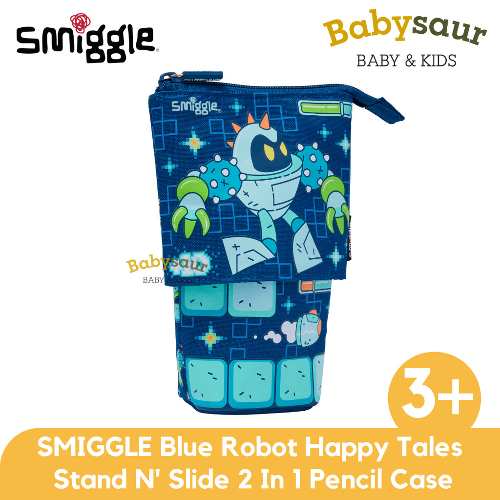 

SMIGGLE 100% Original Blue Robot Happy Tales Stand N' Slide 2 In 1 Pencil Case Peralatan Sekolah Tempat Pensil Anak Laki Laki