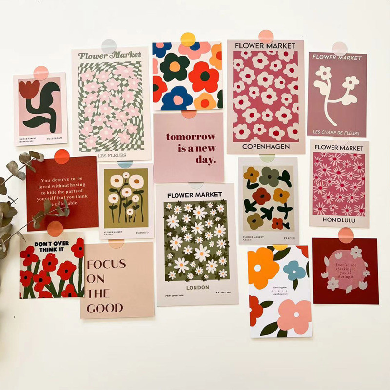 

Ins Artistic Flower Market Decorative Card Creative Colorful Postcard Room Bedroom Background Wall Sticker Photo Props 15 Sheets