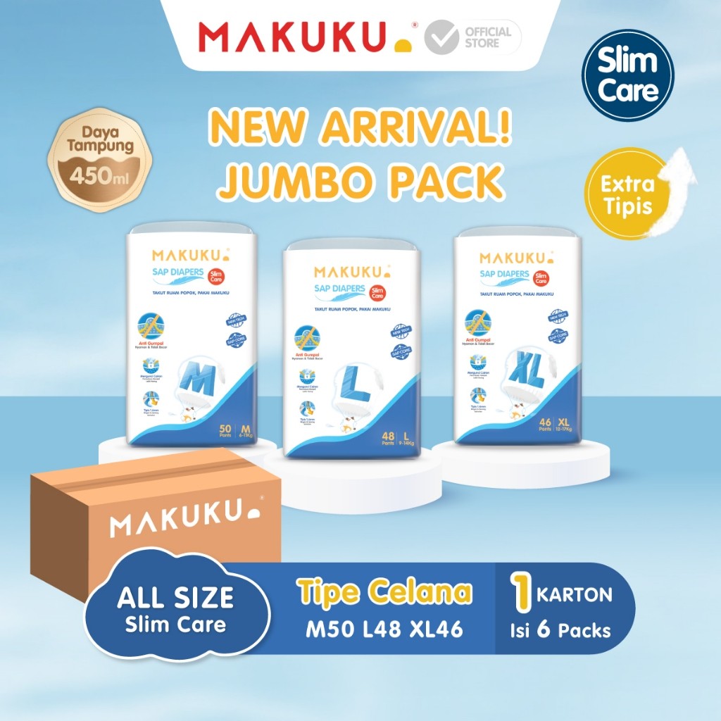 

[6 PACK KARTON] MAKUKU SAP Diapers Slim Care JUMBO Pants M/L/XL/ Popok Bayi Tipis Extra Dry Anti Gumpal Mengunci Cairan Cepat Kering Type Celana
