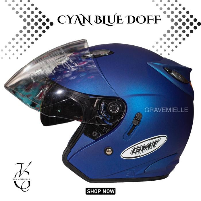 Helm GMT No 1 Helm Half Face GMT Original Double Visor Helm 2 kaca SNI - Cyan Blue Doff, M