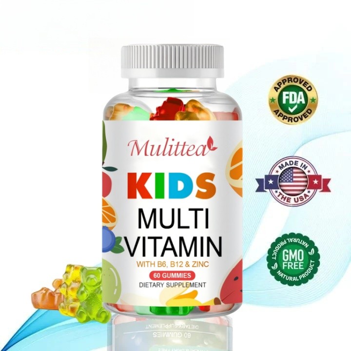 Mulittea 60 pcs Permen Jeli Multivitamin untuk Anak-anak - Vegetarian, Bebas GMO & Bebas Gluten - Pe