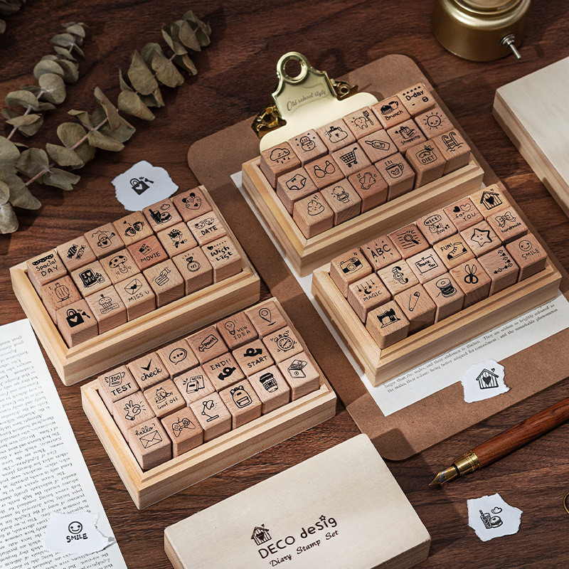 

1pcs Daily Life 18 Beech Wood Seal Set Box Diy Diary Decoration Material Stamp Wooden Box 4 Options Rubber Stamp Journal Stamp