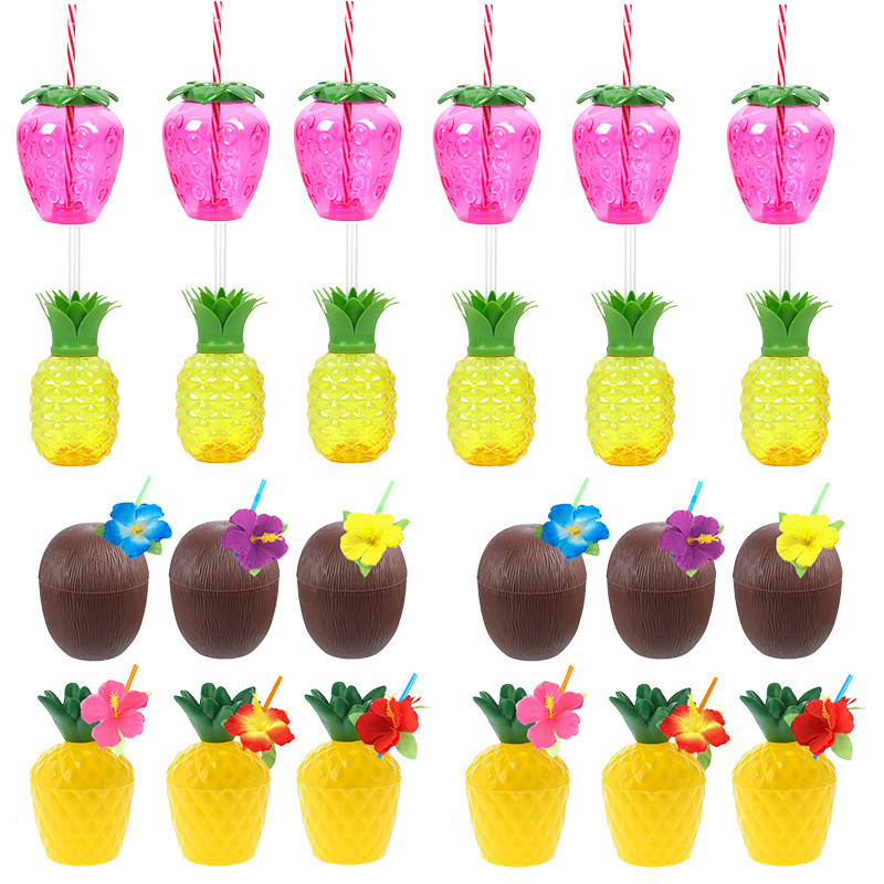 

6/10pcs Hawaiian Summer Pineapple Coconut Drinking Cups Strawberry Shaped Juice Drink Cups for Birthday Wedding Beach Pool Party