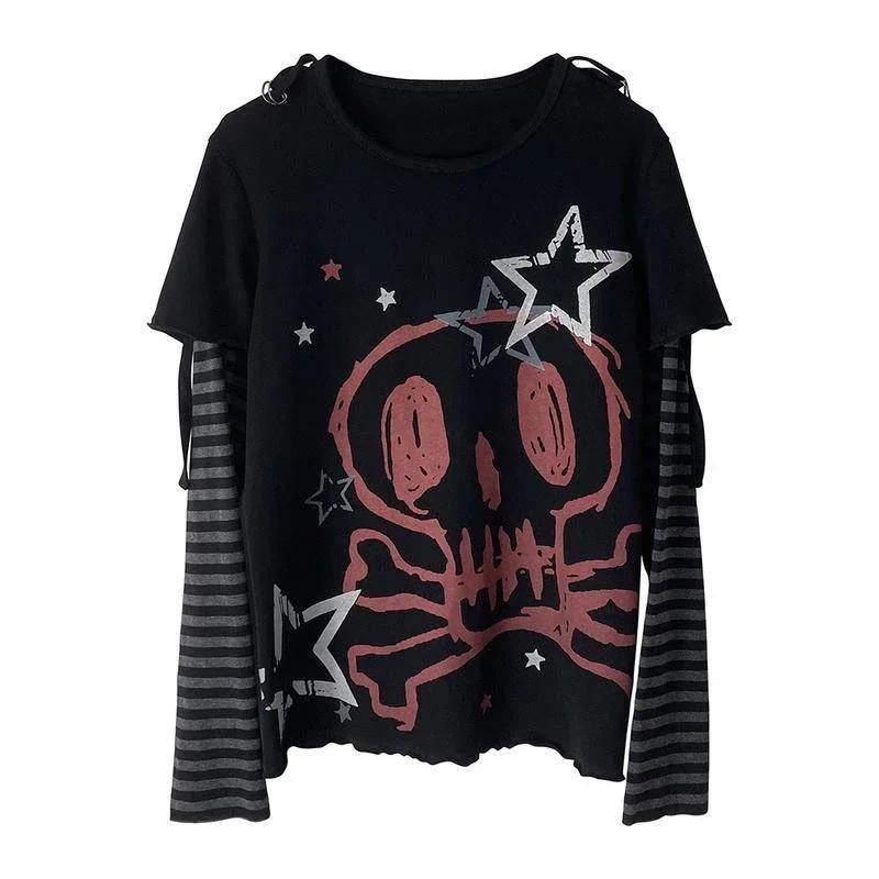 Grunge Y2k Aesthetic T-shirt Emo Scene Skull Dark Graphic Long Sleeve T Shirt Women Punk Cartoon Har