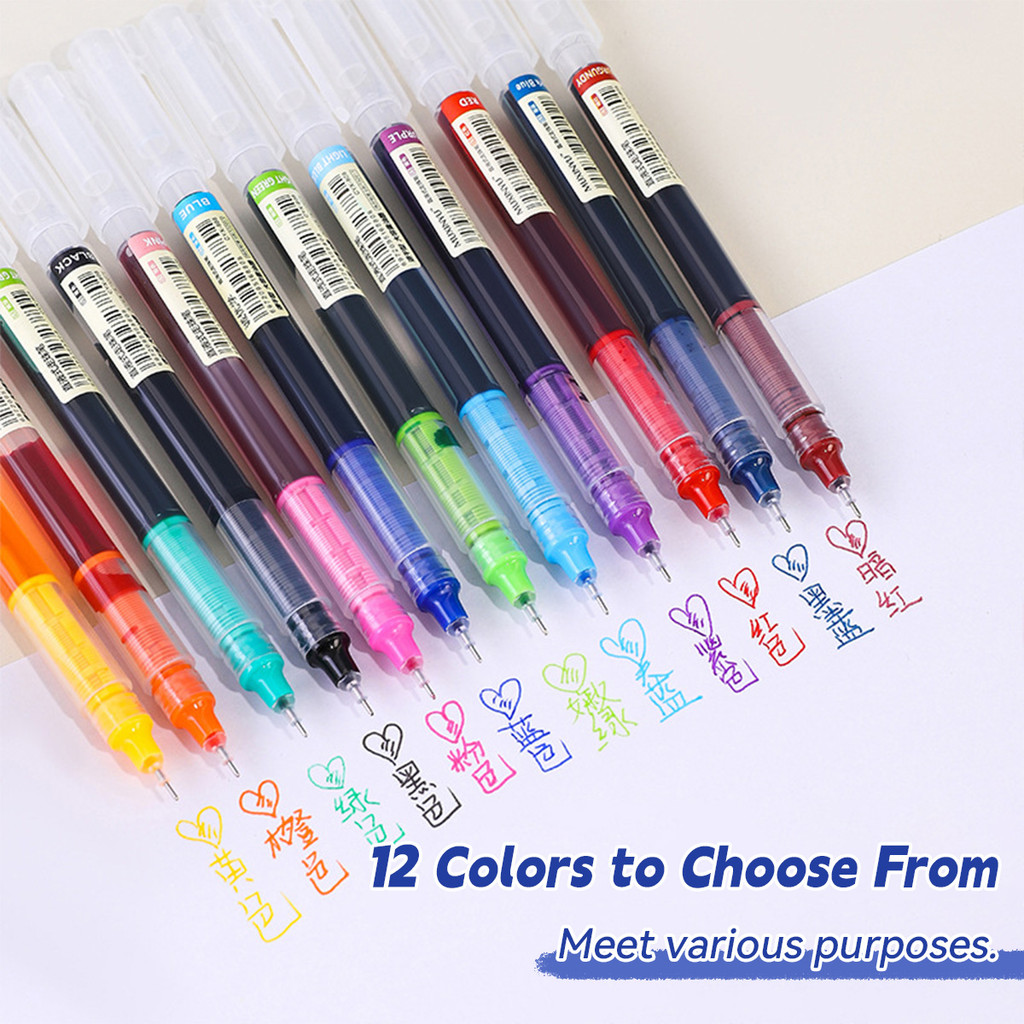 

12 Color Straight Liquid Pen 0.5mm Needle Type Quick-drying Anti-scratch Ink Neutral Pen School Study Office Stationery Supplies