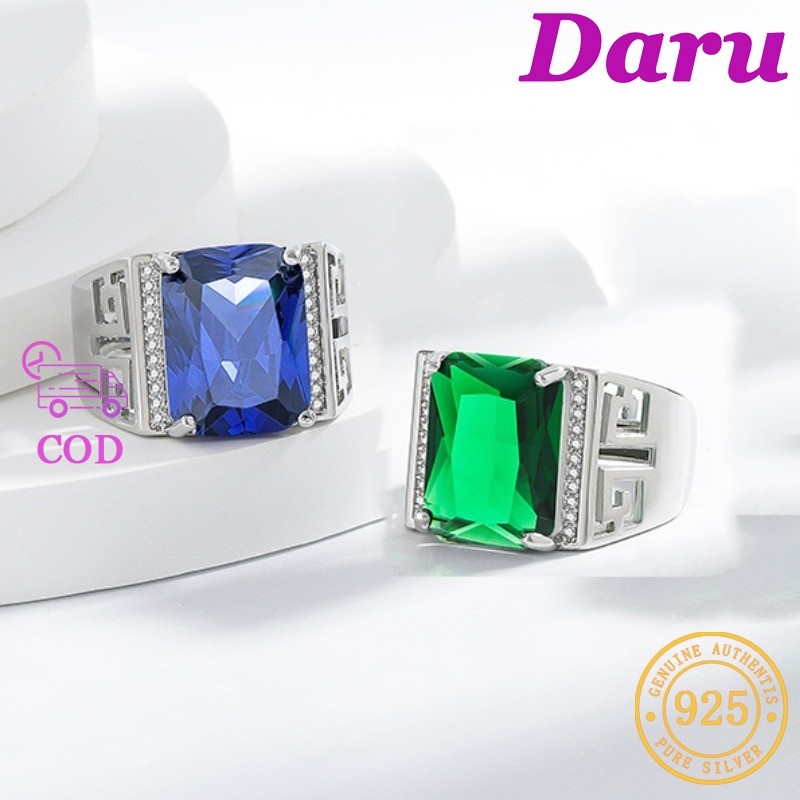 DARU Cincin Berlian Persegi Biru Desain Pola Lebar Pria Cincin Platinum Zircon Hijau Asli