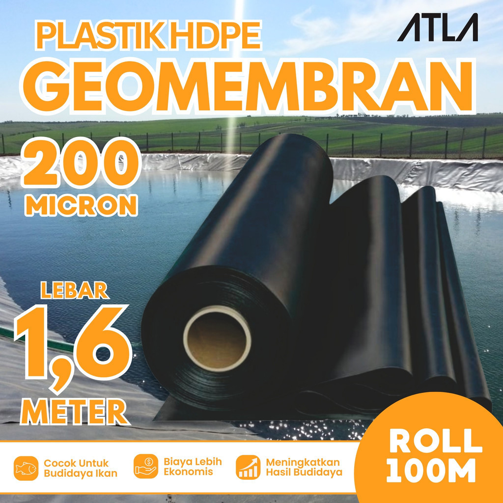 Plastik Geomembran 1.6 Meter 200 Micron 1 Roll Hitam Plastic Geomembrane HDPE Terpal Kolam Ikan Koi 
