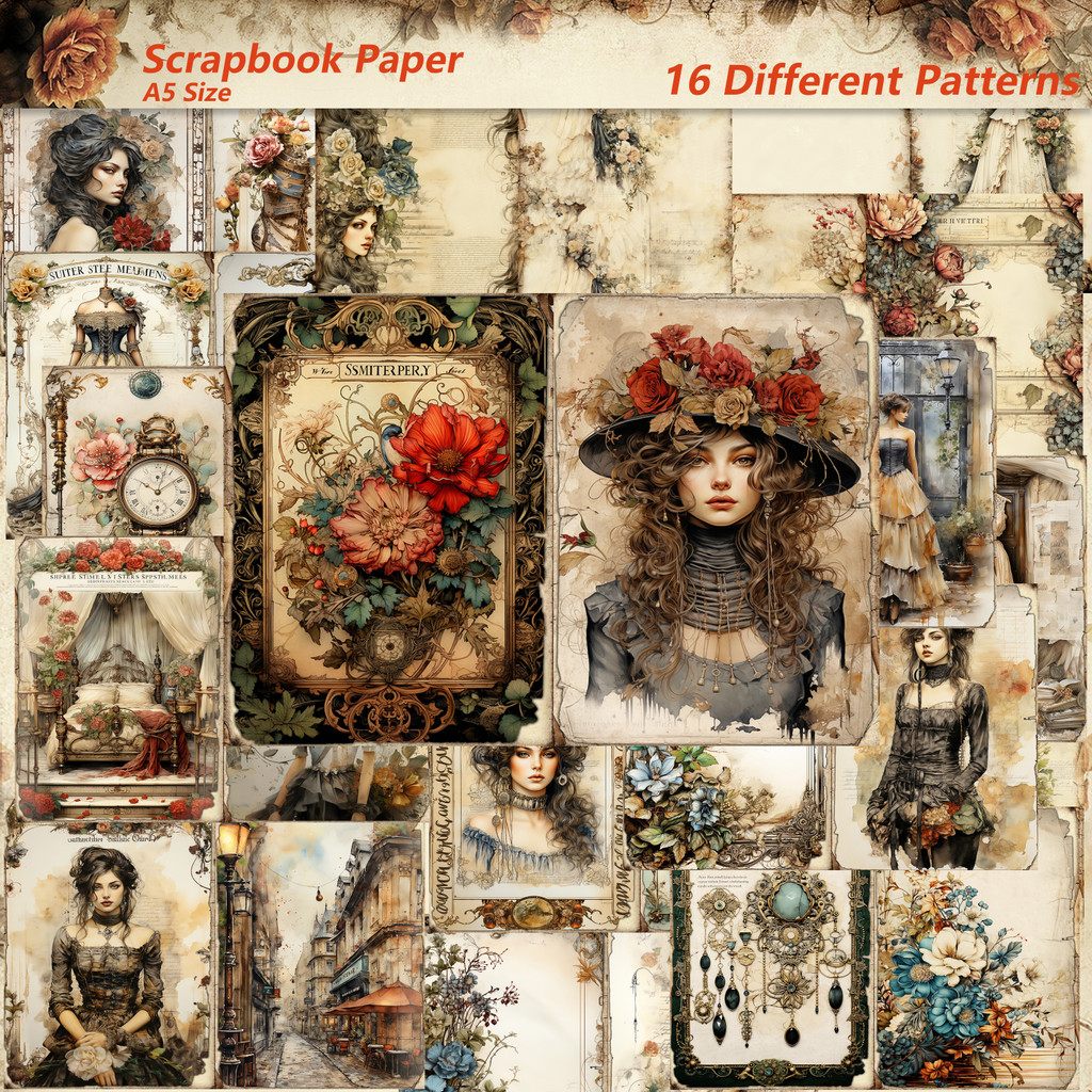 

JAIIMAN 16sheets A5 Vintage Victorian Lady DIY Large Size Decoration Paper,Perfect for Journal Supplies,Scrapbook