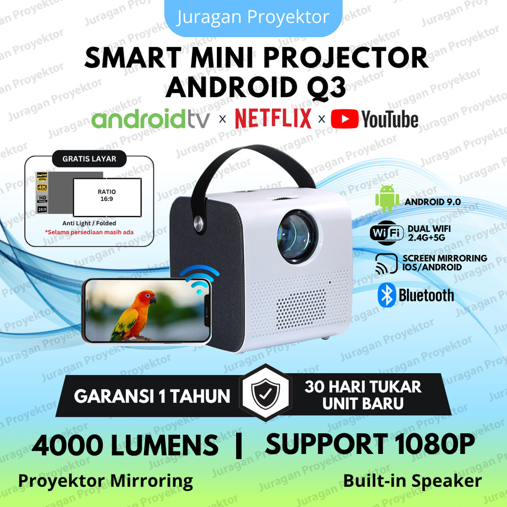 Smart Proyektor Android Wifi Q3 4000 Lumens | Proyektor Android 4K Full HD | Proyektor Mini Portable