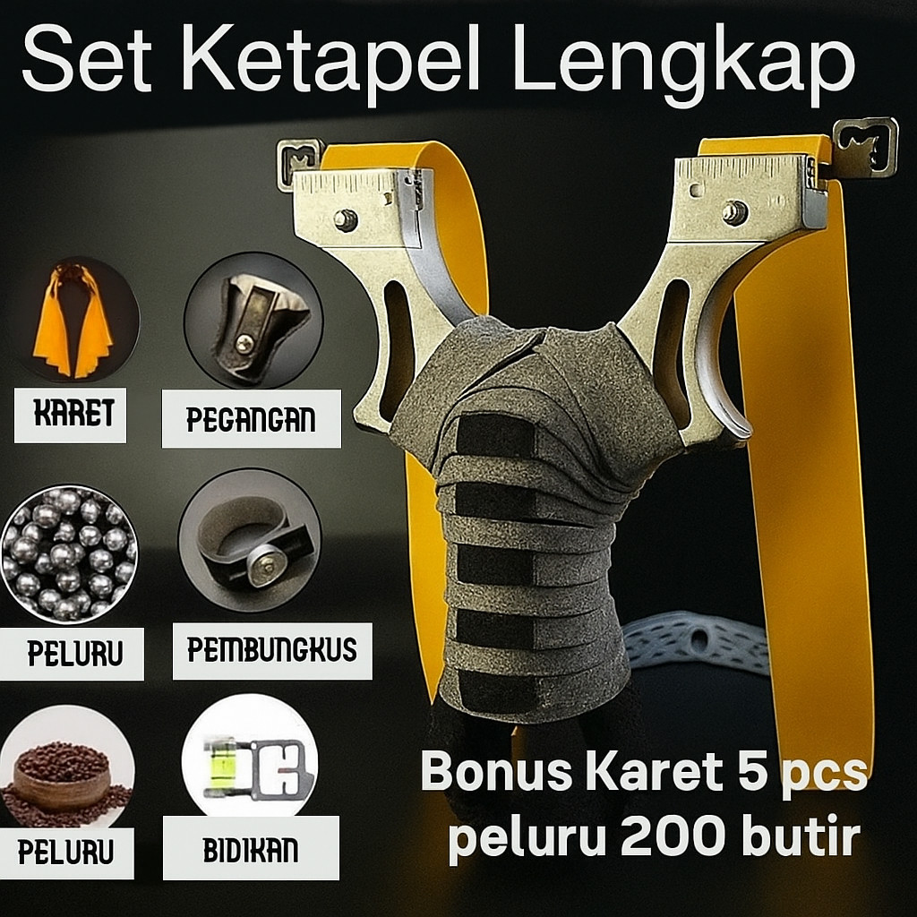 Set Ketapel + Gotri 200 Butir + Karet Cadangan 5 PCS | Ketapel Berburu Premium – Kuat, Presisi, dan 