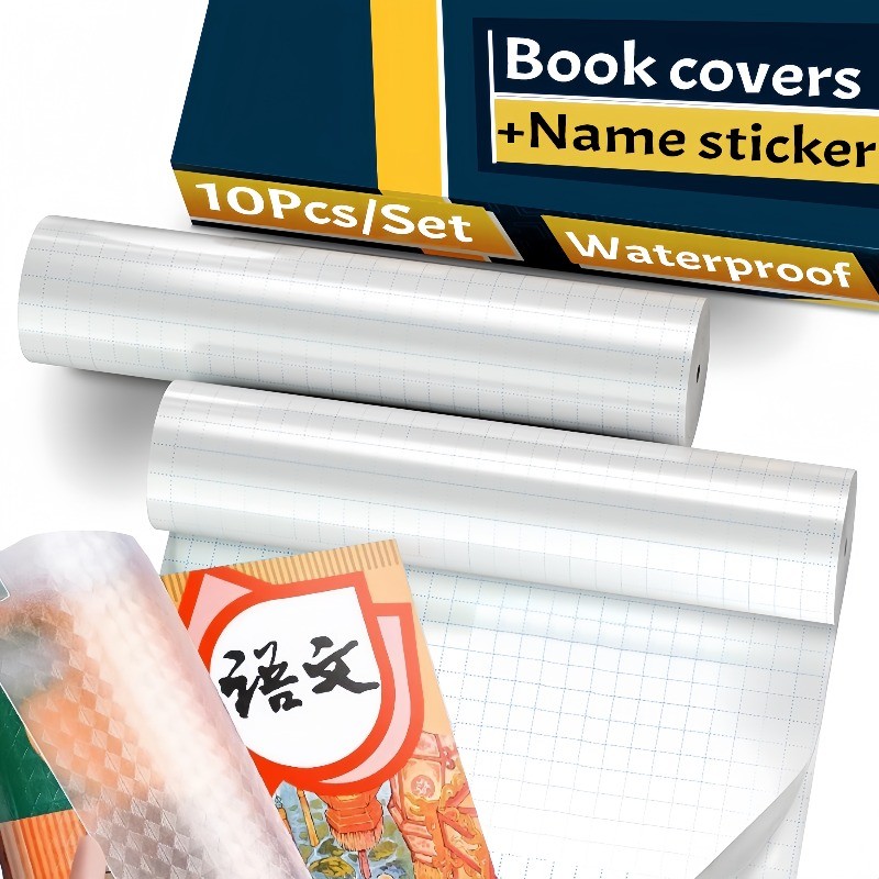 

10Pcs/Set Waterproof Book Self-Adhesive Protective Covers with Name Stickers Transparent Self Adhesive Books Cover Skin Sleeves