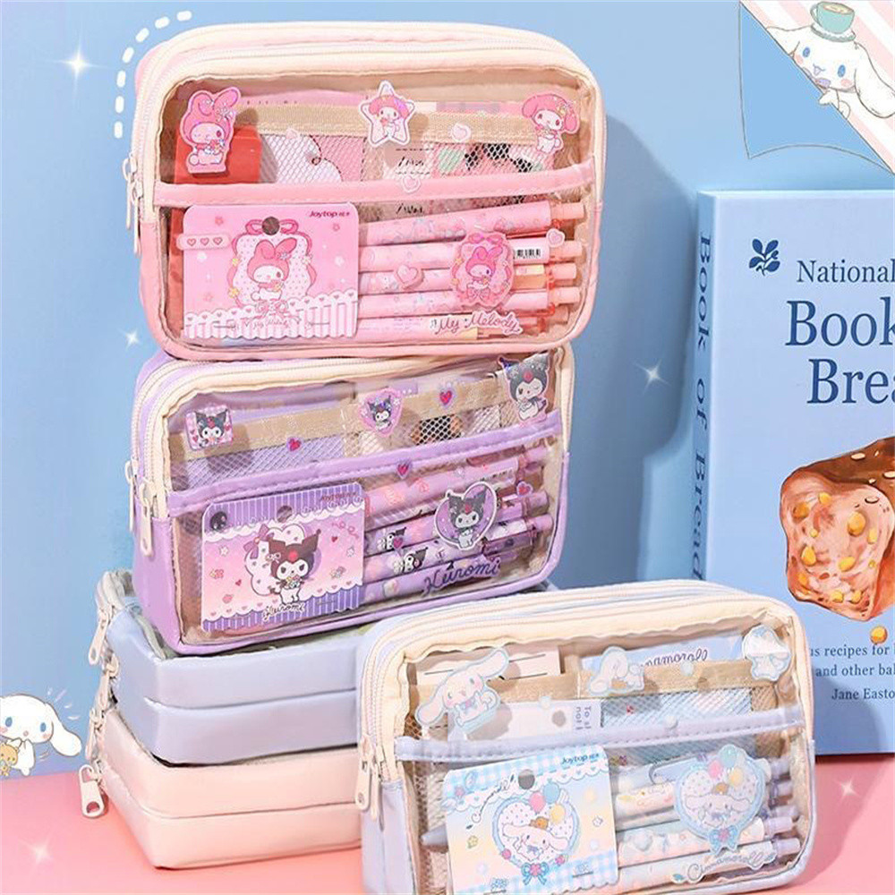 

Cute Simple Kuromi MyMelody Pencil Case Kawaii Cinnamoroll 3-layer Large Capacity Storage Student Stationery Pen Box Girls Gifts