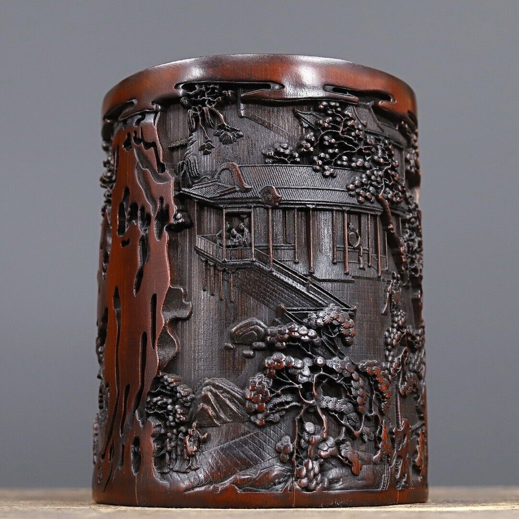 

Chinese Antique Old Bamboo Carved Scenery Brush Pot Collection Office Supplies