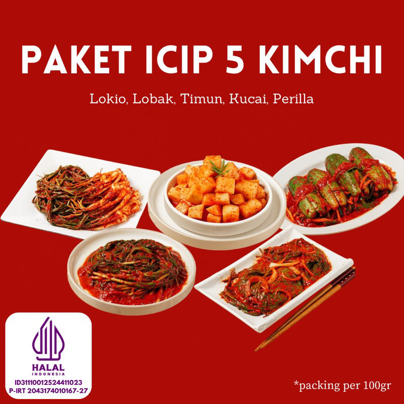 

Paket Icip 5 Kimchi (Lokio, Lobak, Timun, Kucai, Perilla)