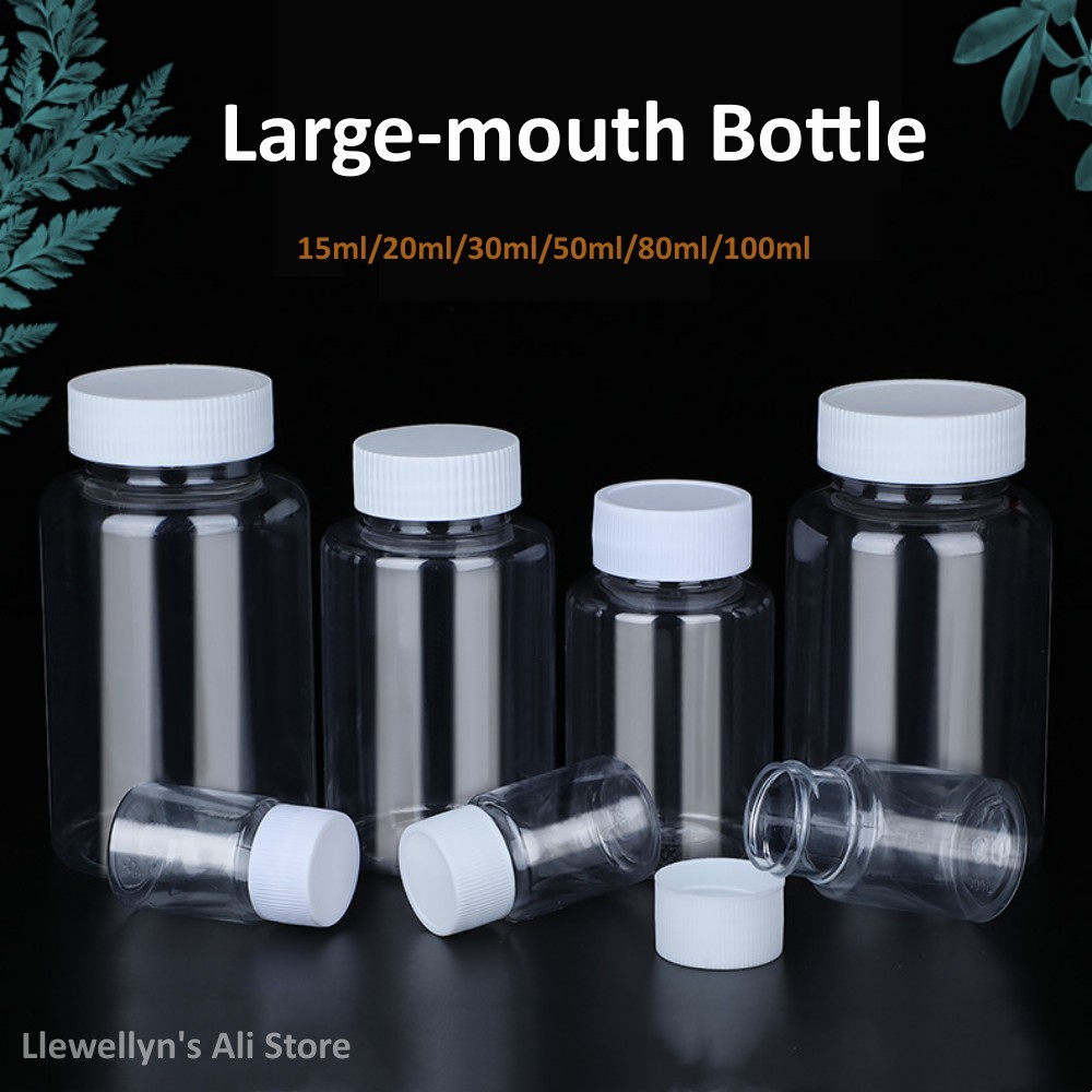 

15ml/20ml/50ml/100ml Plastic Large Mouth Bottle Screw Caps Refillable Seal Bottles Vials Reagent Storage Container Sample Vials
