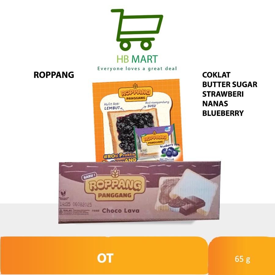 

ROTI PANGGANG (ROPPANG) COKLAT / BUTTER / BLUEBERRY / STROBERI / PINEAPPLE 1 dus isi 60 pcs