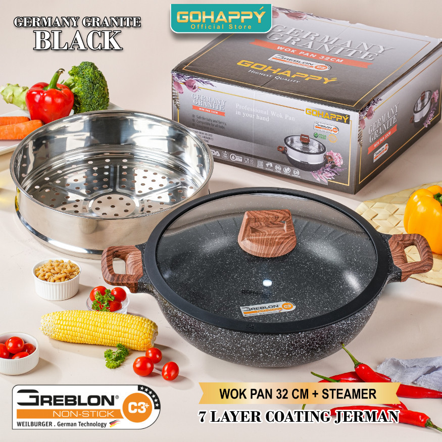 WOKPAN SET STEAMER 32CM Greblon Jerman C3 GOHAPPY GERMANY GRANITE BLACK WITH STEAMER 32 CM WOK PAN +