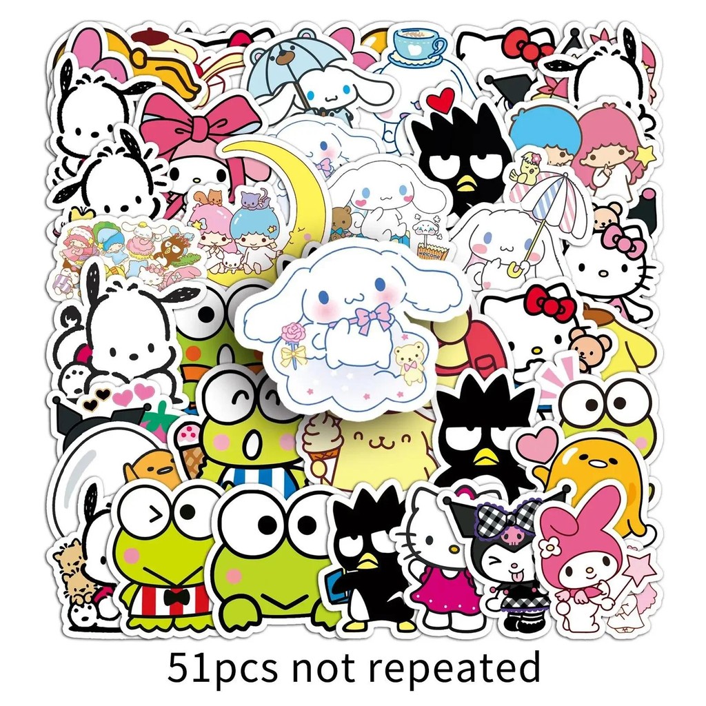 

2024 New Variety 50pcs Sanrio Family Cute Hello Kitty Kuromi Cinnamoroll Melody Children's DIY Bright Film Waterproof Sticker
