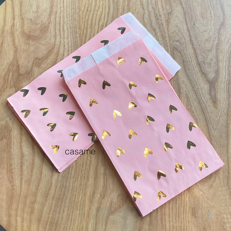 

100pcs Pink Paper Bags with Gold Foil Hearts for Gifts Food Birthday Party Decorations Kids Candy Cookies Paper Bags Stickers