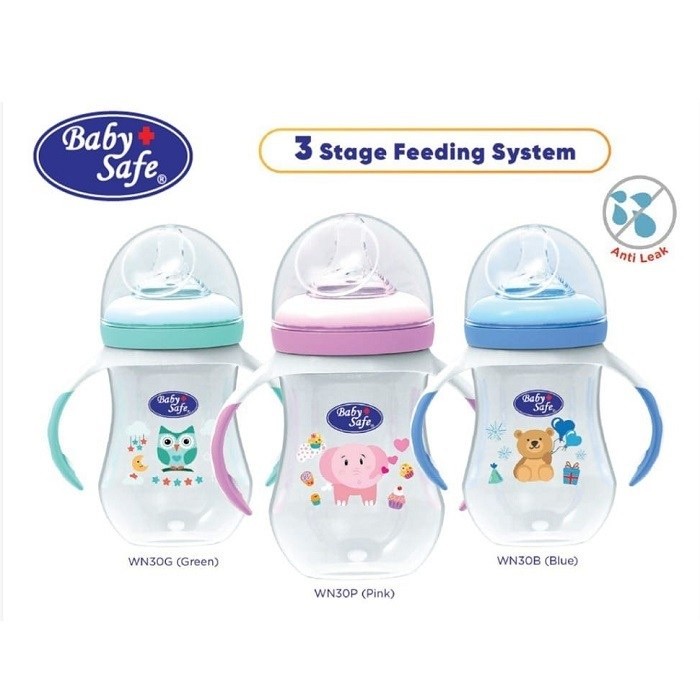 Botol Susu Bayi Baby Safe 3 Stage Feeding Bottle 250ml | WN30 – Dot Silikon + Pegangan + Silicone Sp