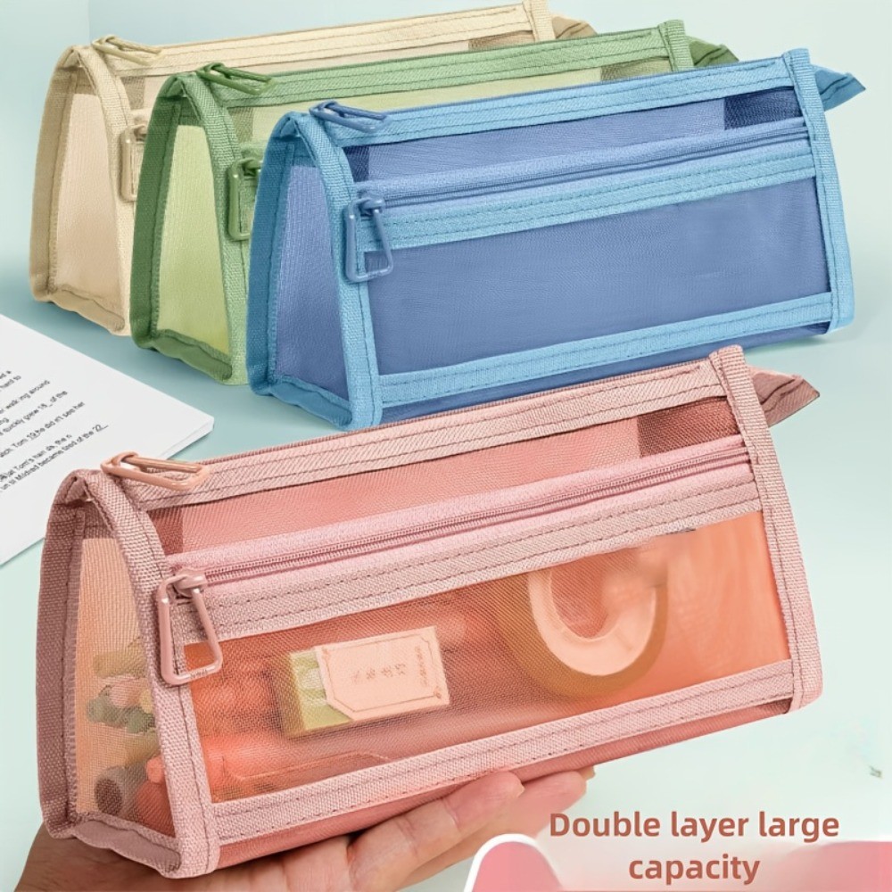 Desk Storage Morandi Mesh Pencil Case with Handle and Zipper, Cute Transparent Stationery Storage Ba