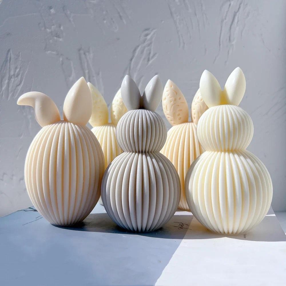 

Ribbed Egg Rabbit Ear Candle Mold For Easter Decor Aesthetic Silicone Mould Geometric Striped Soy Wax Mold